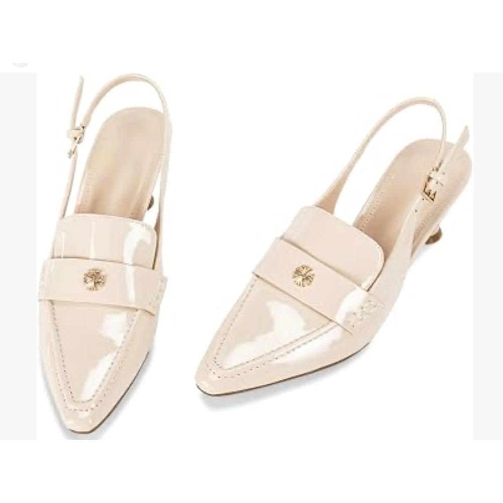 Coutgo Cream Patent Slingback Loafer Kitten Heel Pointed Toe Pumps Size 9.5
